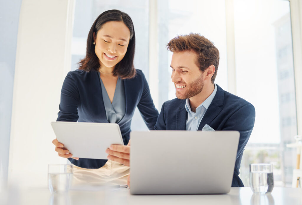 Tablet, Computer And Business People Or Manager Support, Teamwork And Management For Online Tech Company